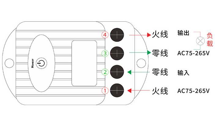 HT-9220KG wiring: 1 live input, 2 neutral input, 3 neutral output, 4 live output; AC75–265V